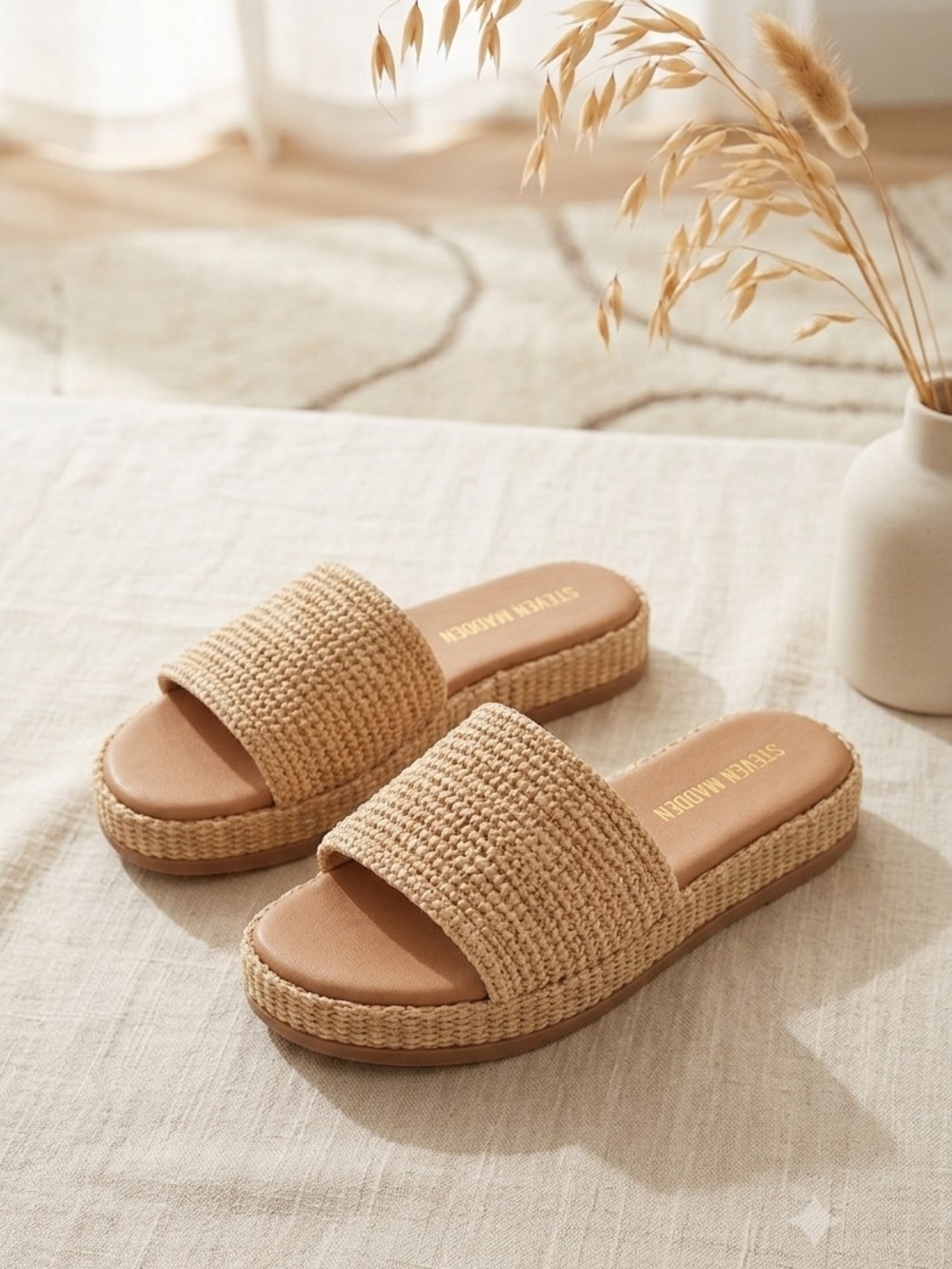 Steve Madden Woven Slide Sandals in Natural Beige